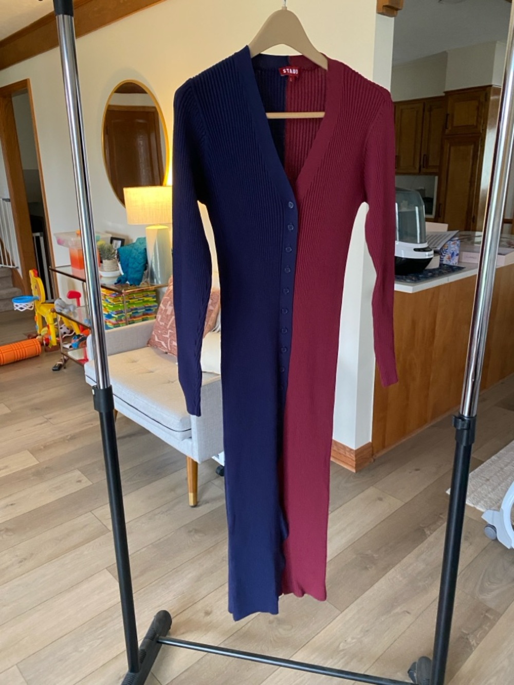 STAUD Shoko Two-Tone Ribbed Button-Down Maxi Cardigan - Navy & Burgundy
